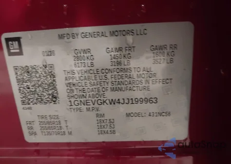 2018 Chevrolet Traverse 1Lt from USA, damaged, VIN 1GNEVGKW4JJ199963